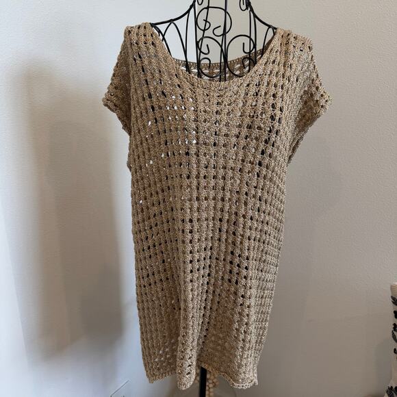 Italian Gold Woven Metallic Knit Pullover Cold Shoulder Tunic Cover-Up Top Dress - Picture 1 of 9